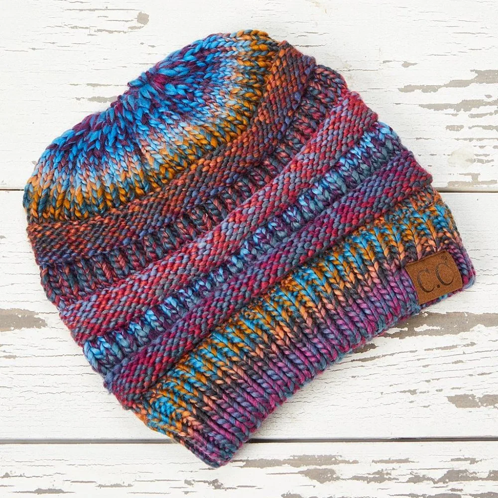 'C.C BEANIE' MESSY BUN BEANIE TAIL' VARIEGATED STRIPE - Picture 14 of 16
